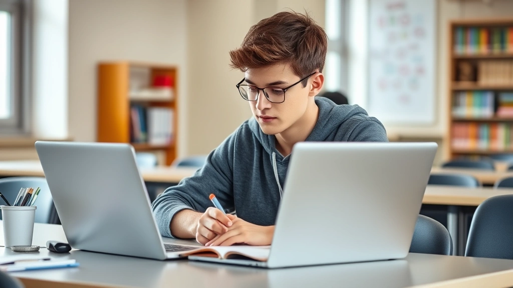 Student studying at desk with laptop, taking notes, focused and comfortable in well-lit academic setting