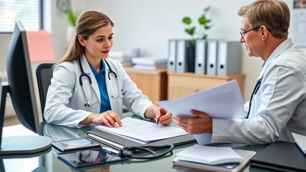 Healthcare provider reviewing medical documents at desk with stethoscope and computer, professional office environment