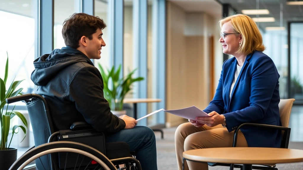 College student meeting with disability services coordinator in modern university office, discussing accommodation plans