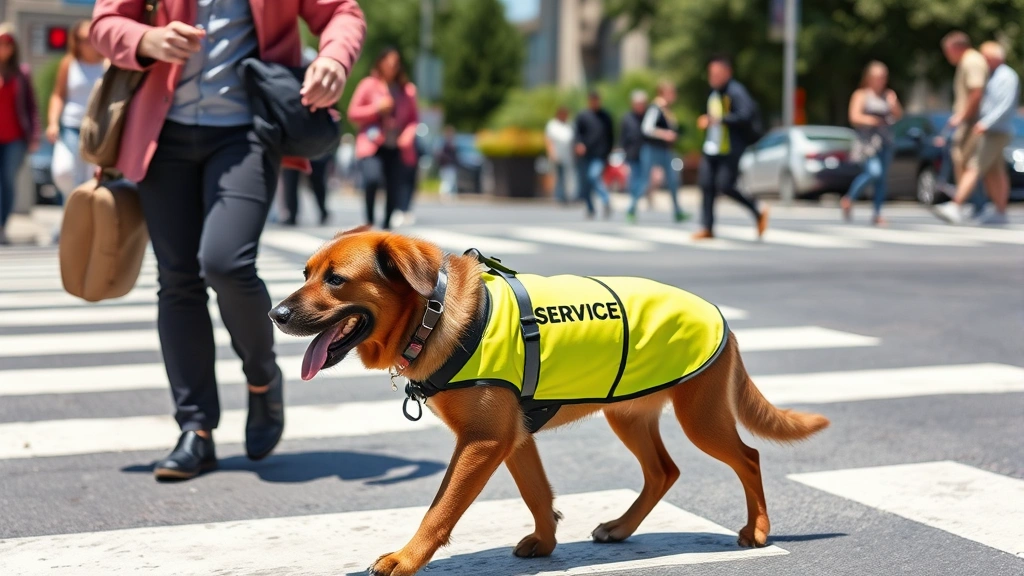 Service dog wearing yellow vest guiding person with visual impairment through busy crosswalk on sunny day