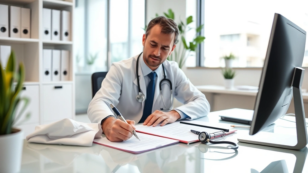 Medical professional writing documentation at desk with stethoscope and computer in modern healthcare office