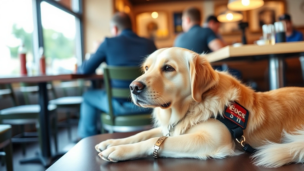 Golden retriever service dog alert lying calmly beside person at restaurant table in casual dining setting
