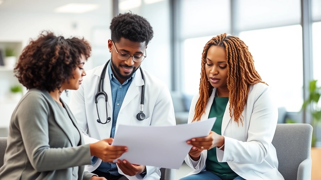Diverse healthcare provider in white coat reviewing medical documents with patient in modern clinic office setting