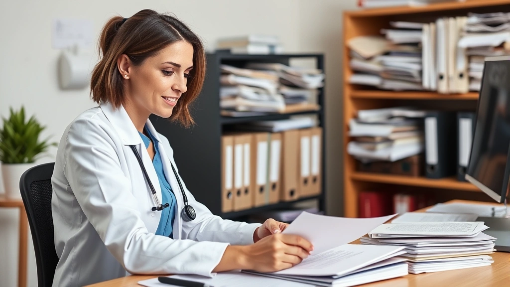 Professional woman at desk organizing medical paperwork and documentation in organized filing system