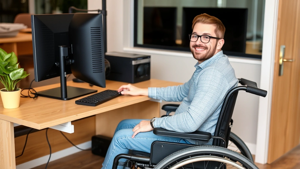 Confident person in wheelchair working at computer in accessible workplace with ergonomic setup