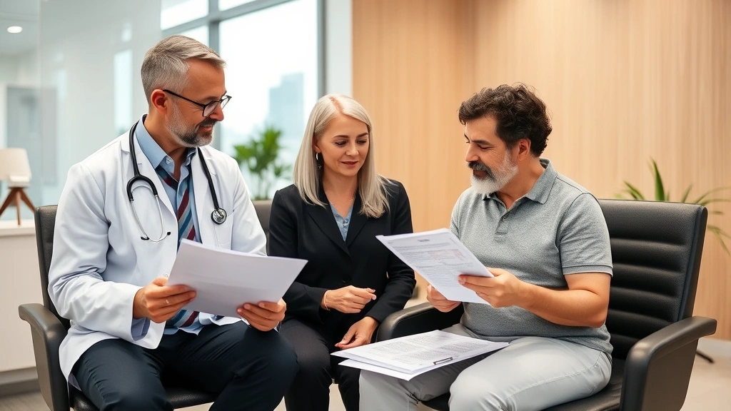 Healthcare professional reviewing medical documents with patient showing work limitation assessment in modern clinic office