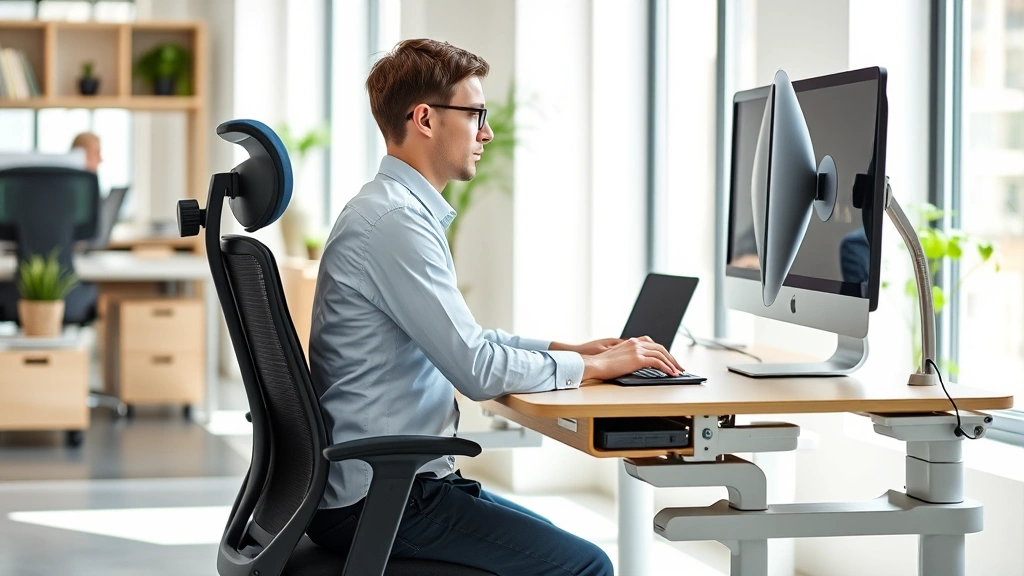 Employee working at ergonomic desk setup with supportive cushion and modified workstation in bright office environment
