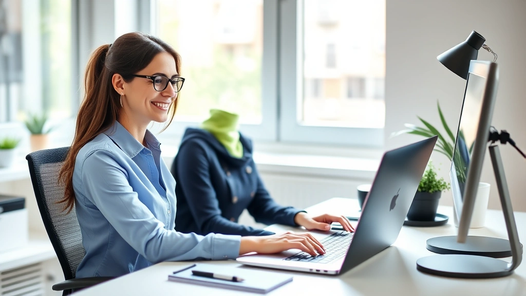 Professional woman working at home office desk with ergonomic setup, smiling, natural daylight from window, laptop and notebo