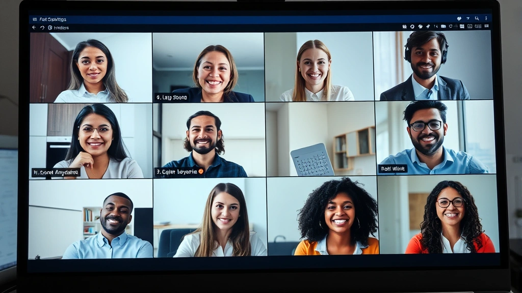 Diverse employees in video conference meeting on computer screen, professional setting, collaborative atmosphere, clear faces