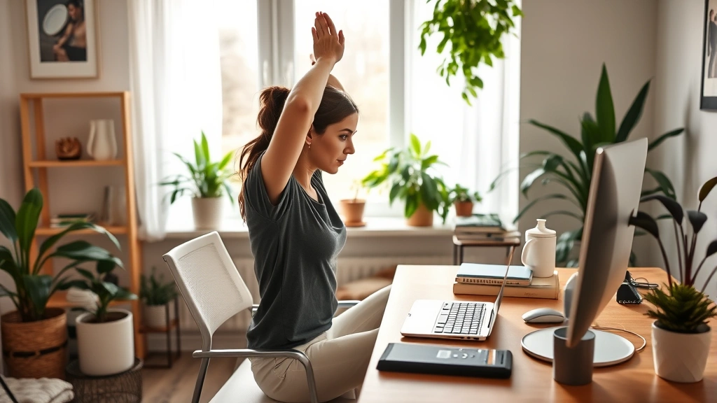 Person managing wellness at home workspace, stretching by desk, comfortable home environment, plants and natural light, welln