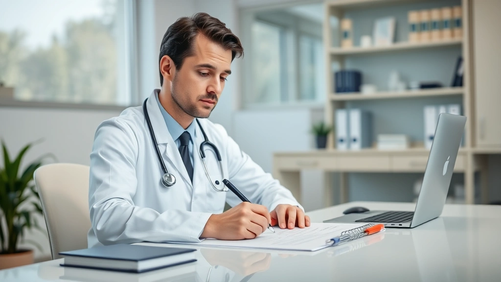 Healthcare provider in white coat writing medical documentation at desk in bright clinic office