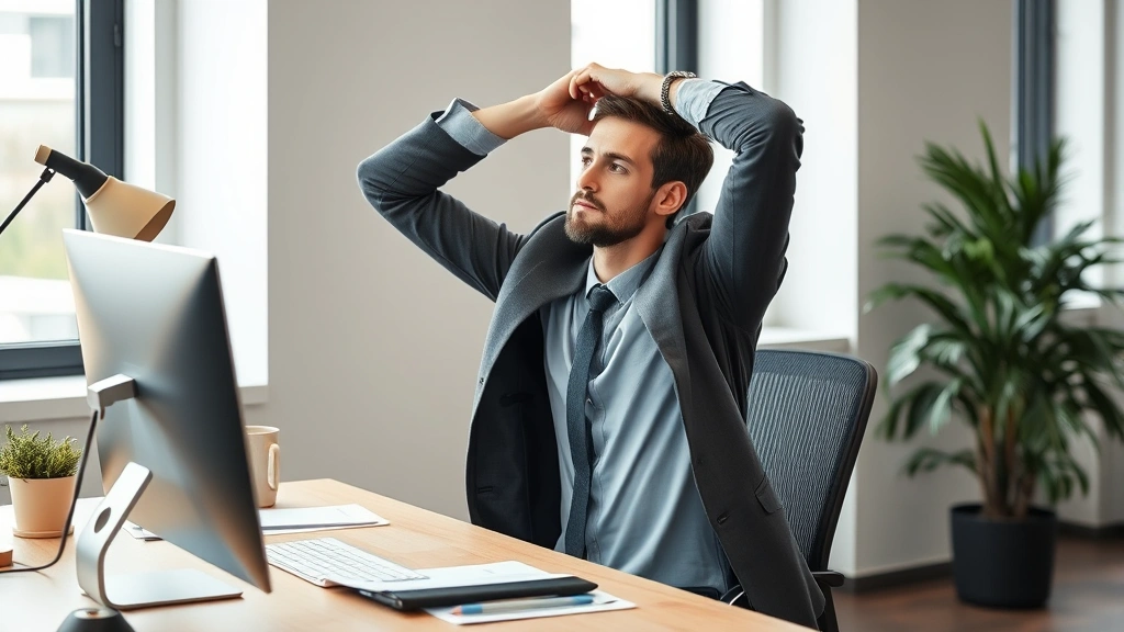 Professional employee taking a mindful break at desk stretching arms and shoulders during workday