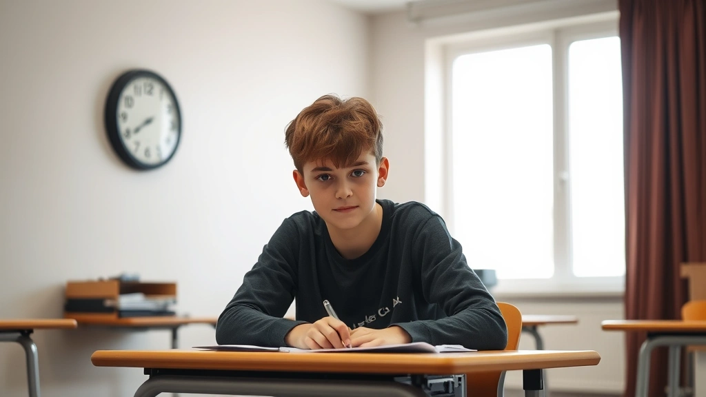 Student with ADHD taking exam at desk in quiet testing room with extended time clock visible on wall, focused and calm expres