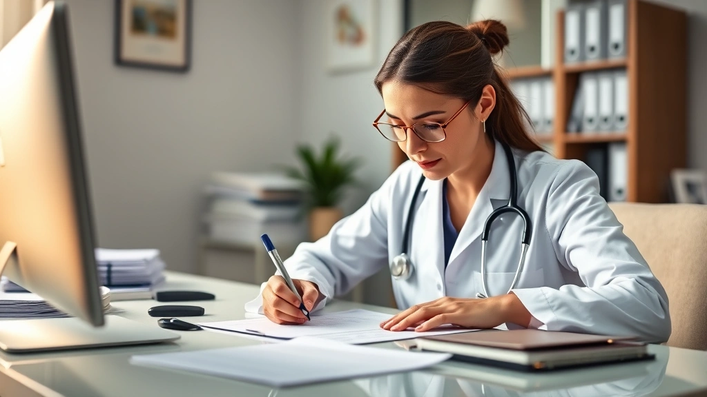 Healthcare provider writing accommodation documentation at desk with medical records, professional office setting, warm light