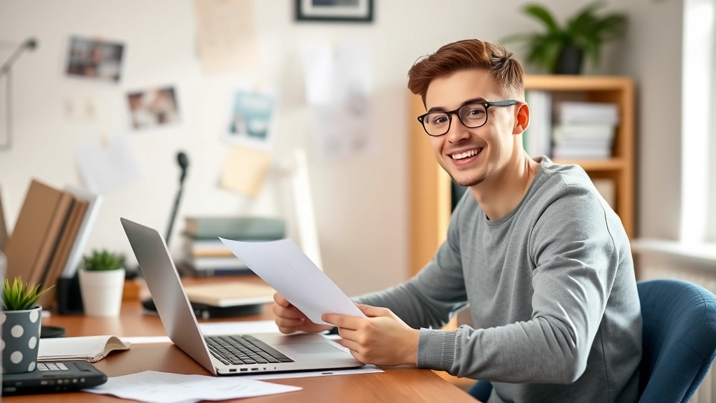 Young professional reviewing testing accommodation letter at home desk with laptop and coffee, confident expression, organize