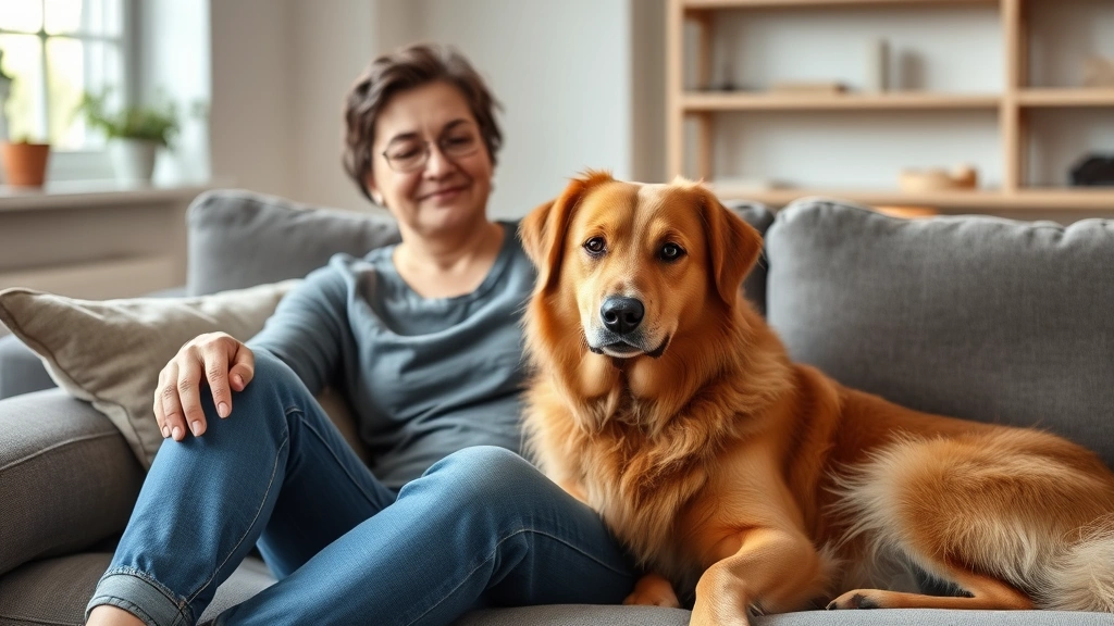 Woman sitting on couch with calm emotional support dog beside her, peaceful indoor setting, natural lighting, both looking re