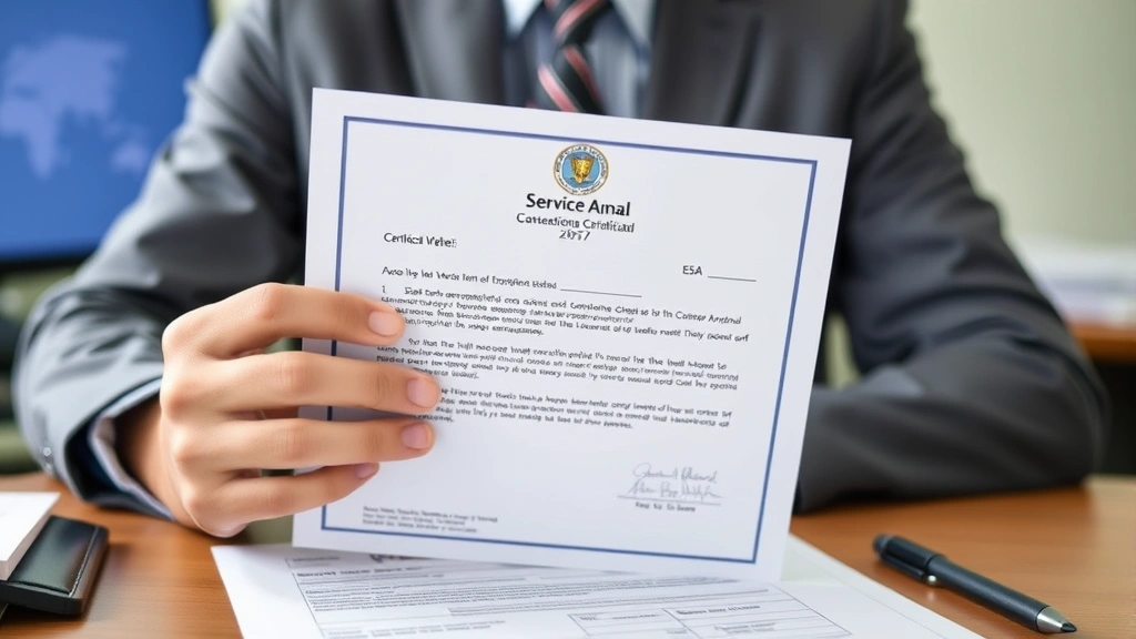 Person holding ESA letter document with service animal certification, professional paperwork on desk, organized and official