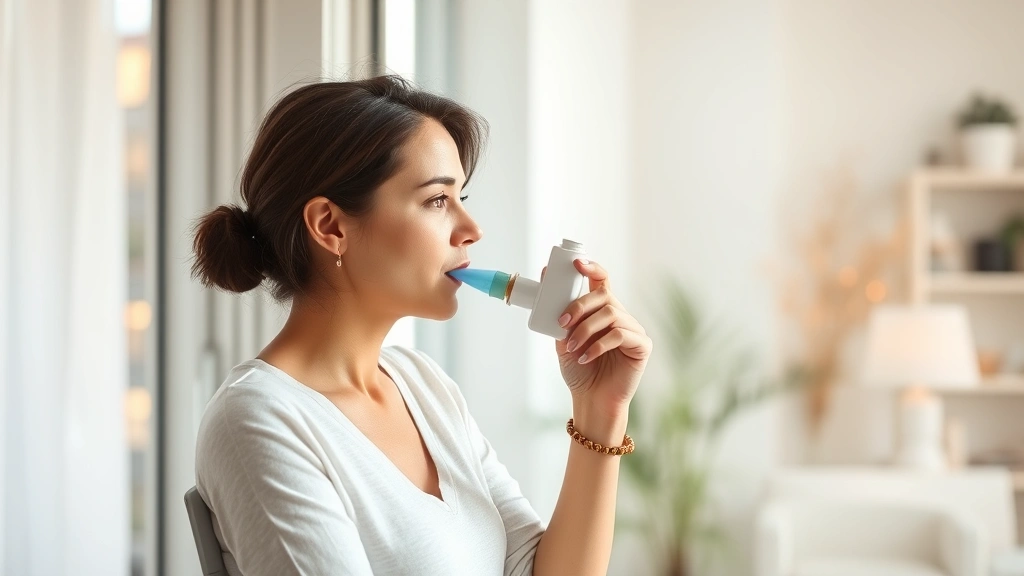 Woman with asthma inhaler looking out window at sunny apartment interior peaceful serene healthy living space