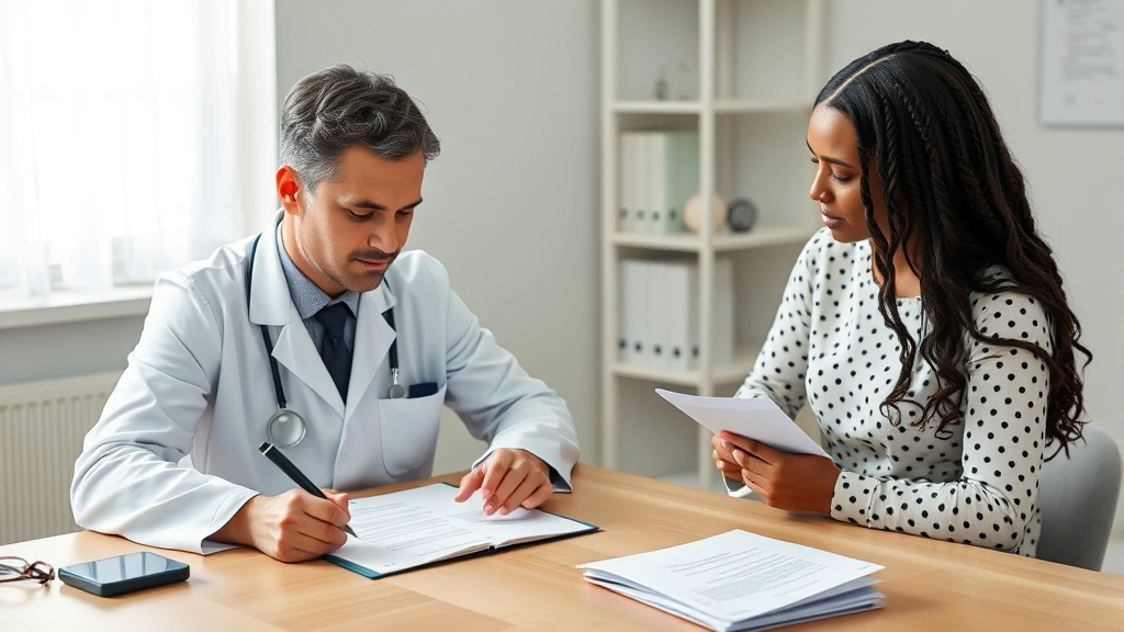 Doctor in white coat at desk writing medical letter patient sitting across holding papers documents