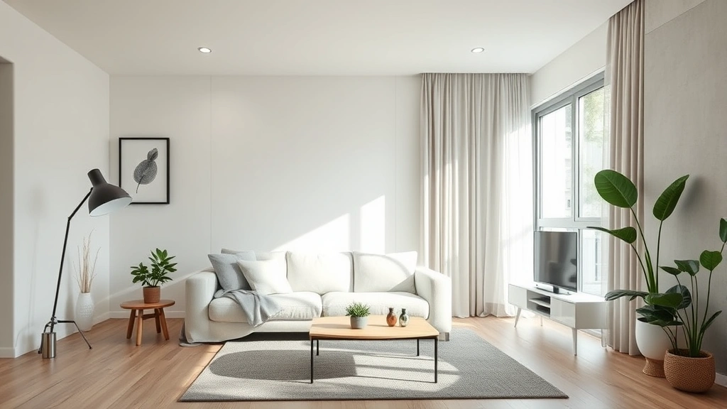 Clean bright modern apartment living room with air purifier running fresh air healthy home environment