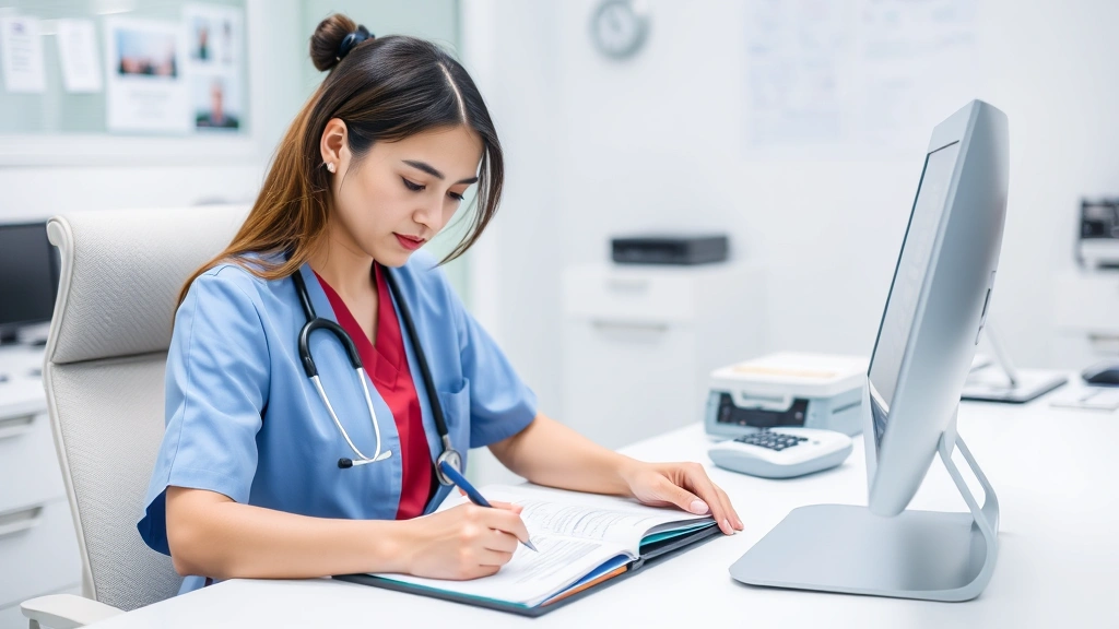 Healthcare provider writing medical documentation at desk in clinical office setting