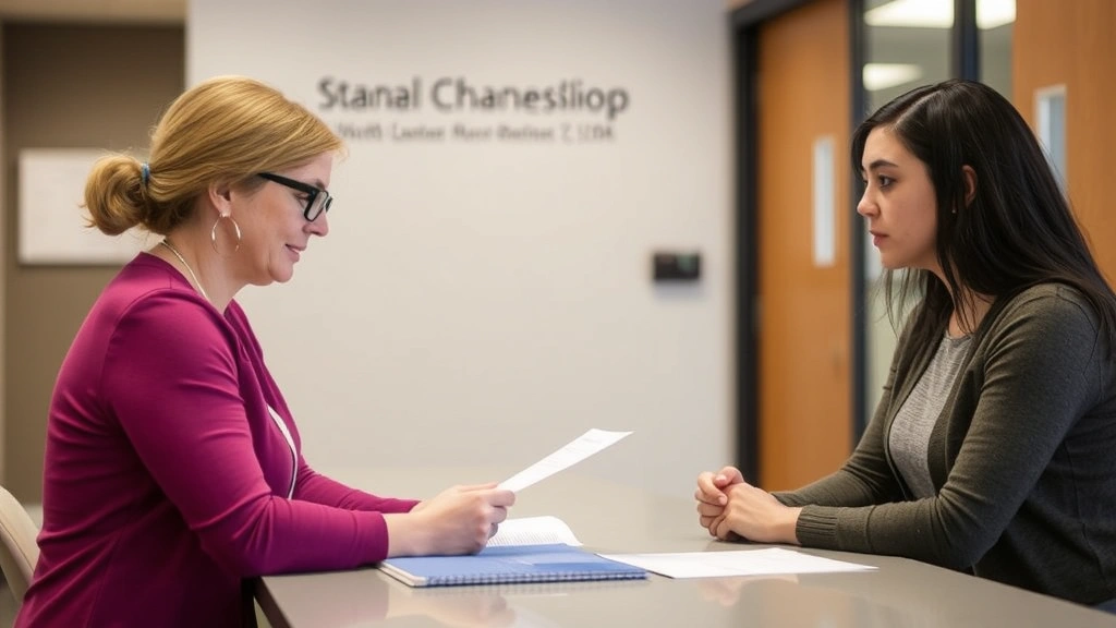 Disability services counselor reviewing accommodation letter with student at university office