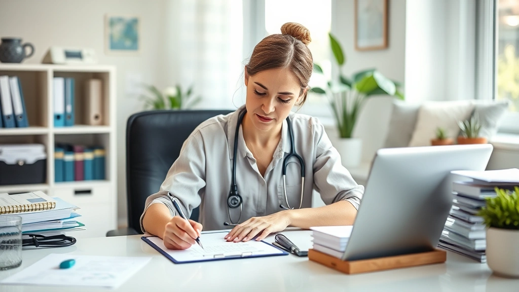 Woman at desk writing letter, medical documents organized nearby, pen in hand, calm home office environment, soft natural lig
