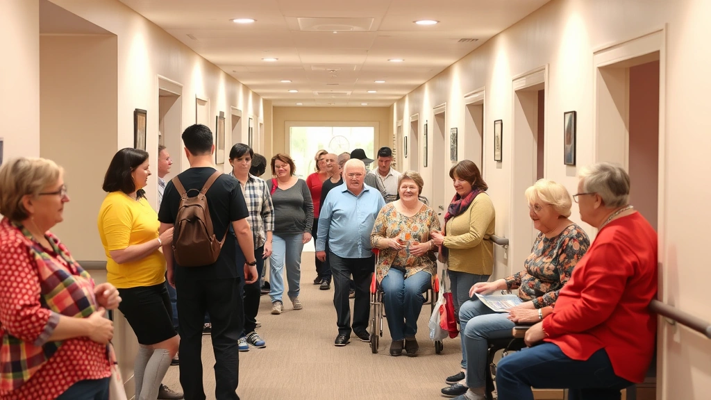 Diverse group of people in accessible apartment common area, ground floor design, wide hallways, grab bars visible, warm invi