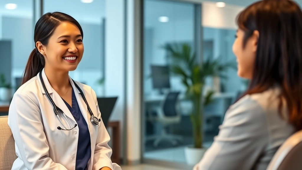 Professional female doctor in white coat smiling at patient during office consultation, modern medical office background, war