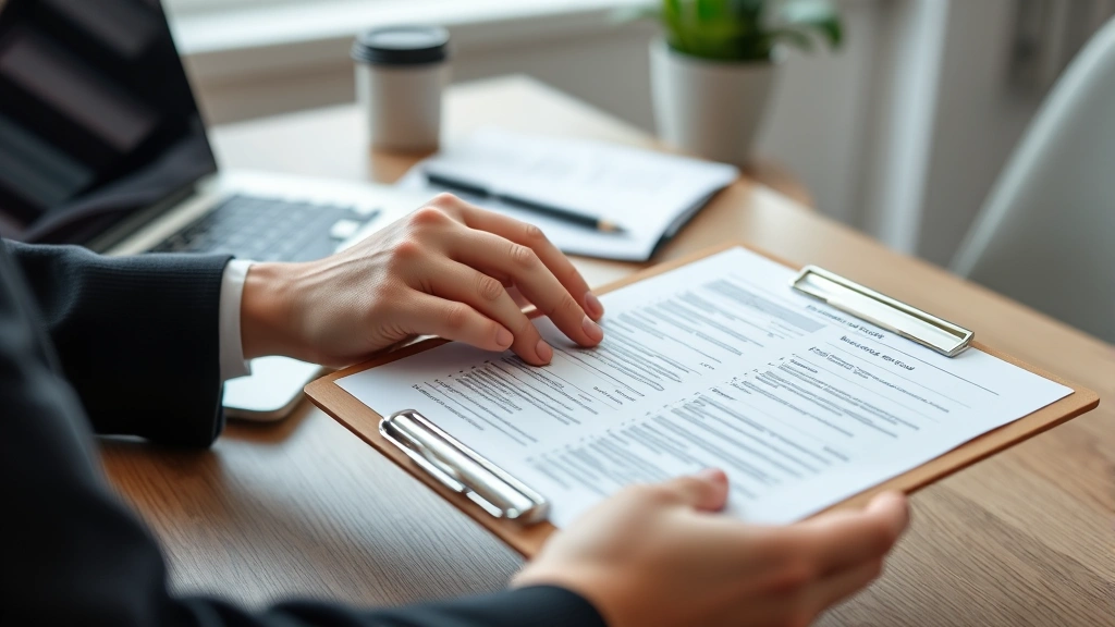 Close up of hands holding clipboard with medical documents on desk next to laptop, professional office setting, soft natural