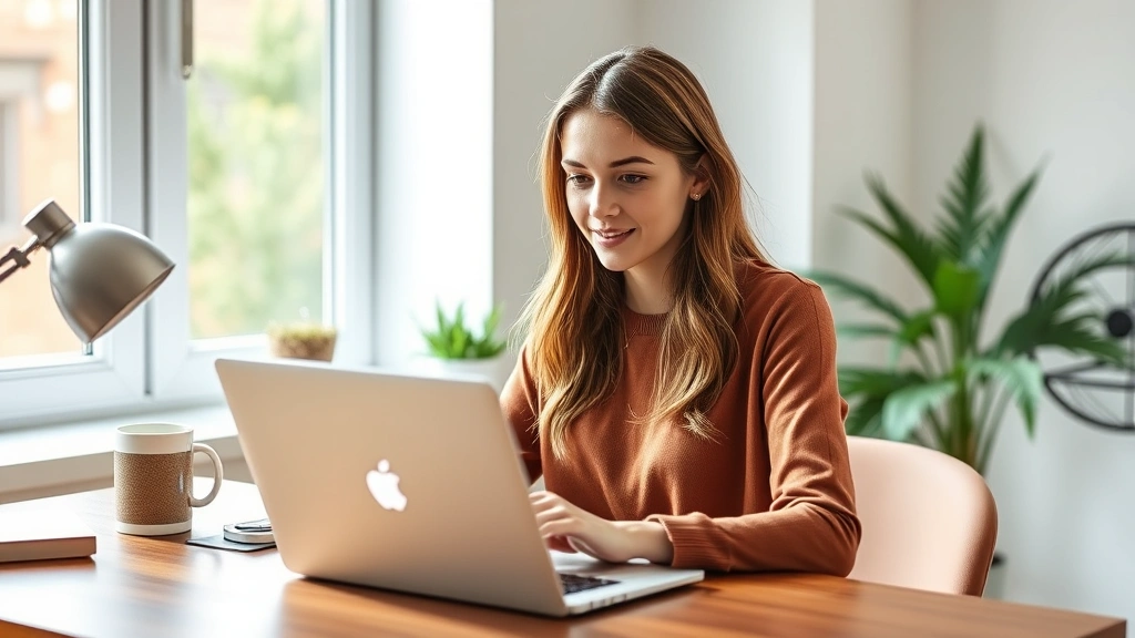 Young professional woman working on laptop at home office desk with coffee cup, natural daylight from window, comfortable and