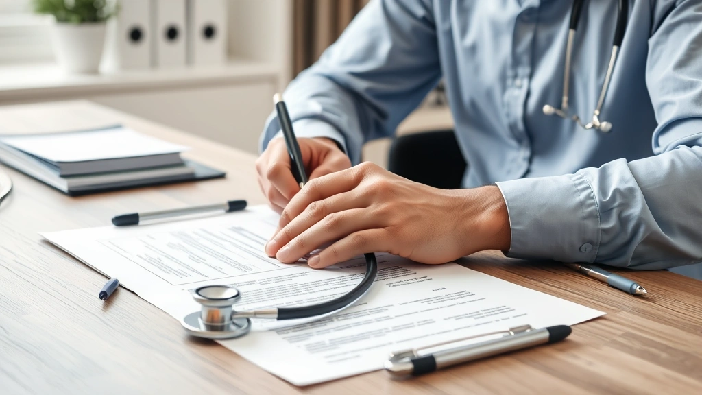 Person reviewing medical documents and lease agreement at home office desk with stethoscope visible