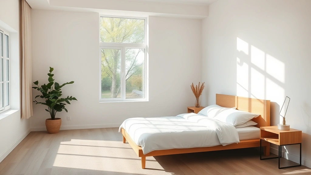 Peaceful empty bedroom with natural light showing clean walls and accessible features for wellness