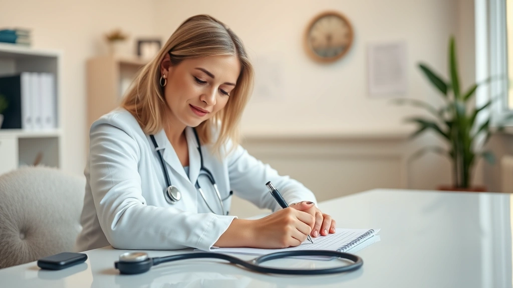 Licensed therapist writing professional letter at desk with stethoscope visible, warm office lighting, supportive healthcare