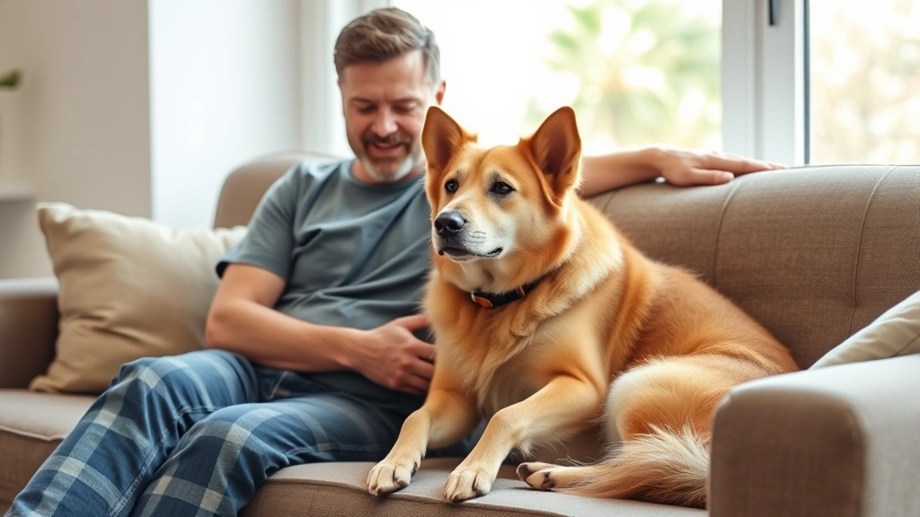 Person sitting peacefully with emotional support dog on couch, natural window light, calm living room, human and animal bondi