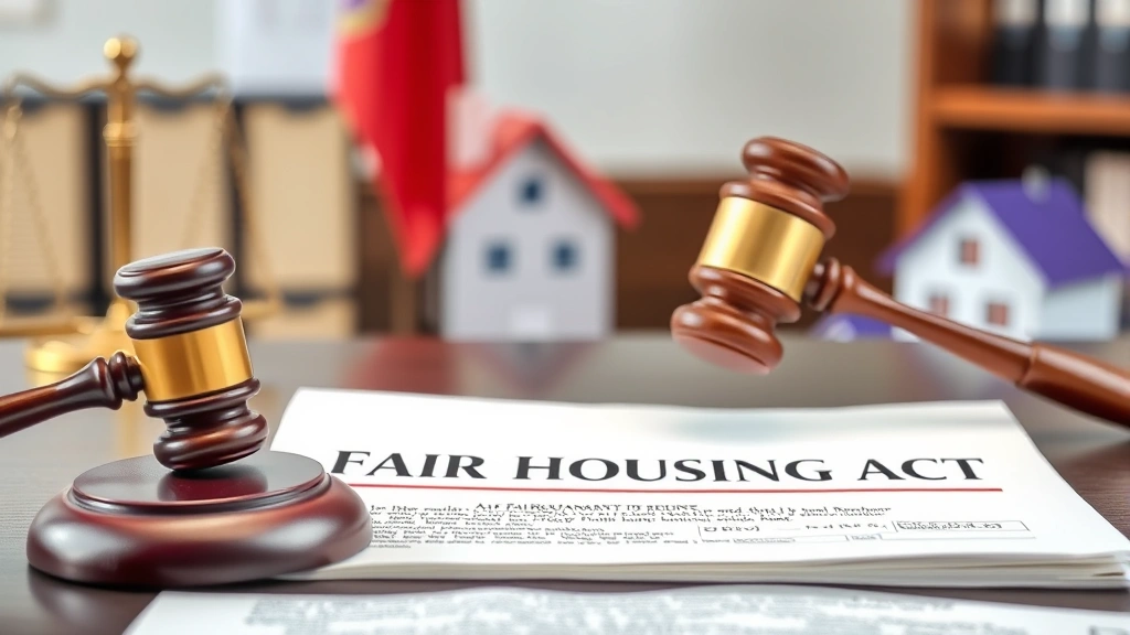 Fair Housing Act document with legal protection symbols, gavel, and housing rights imagery, professional office background