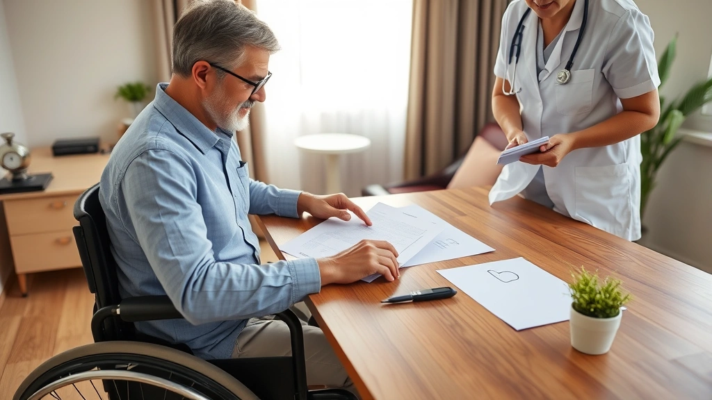 Person in wheelchair reviewing rental documents with healthcare provider letter on table, natural sunlight apartment backgrou