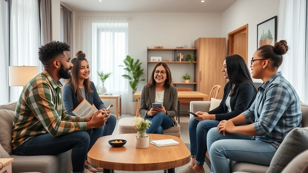 Diverse tenants having constructive conversation with landlord in modern apartment living room discussing accommodation optio