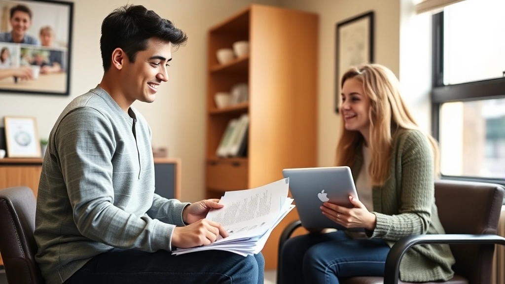 Student with laptop and documents meeting with disability services counselor in office, warm lighting, supportive atmosphere
