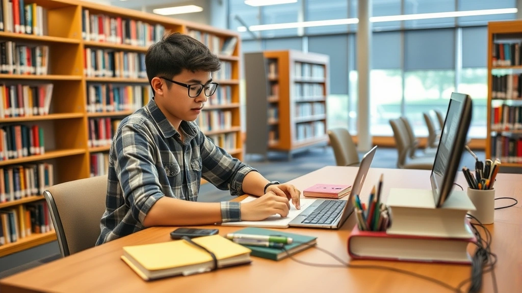 College student studying in accessible library space with assistive technology and organizational materials on desk