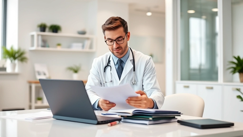 Professional doctor in white coat reviewing medical documents at desk in modern healthcare office