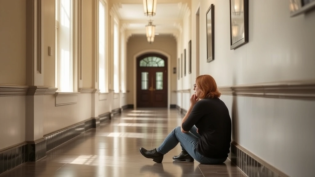 Person sitting in courthouse hallway with supportive companion, natural lighting through windows