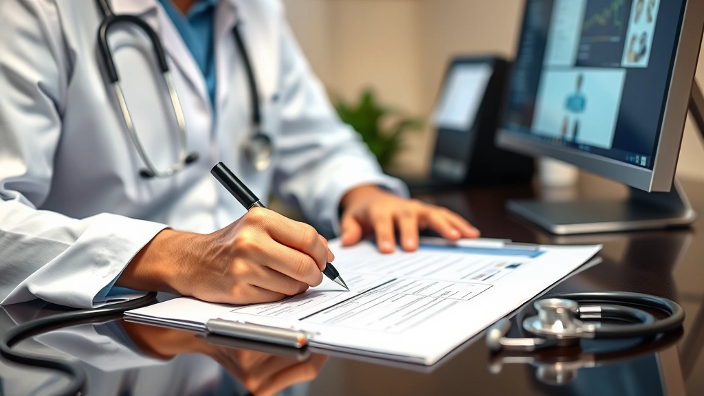 Healthcare provider writing on medical form at desk with stethoscope and computer visible