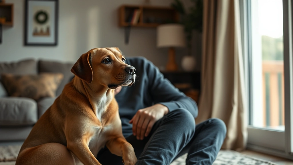 Person sitting with calm dog indoors, peaceful expression, natural lighting, comfortable home setting, emotional connection