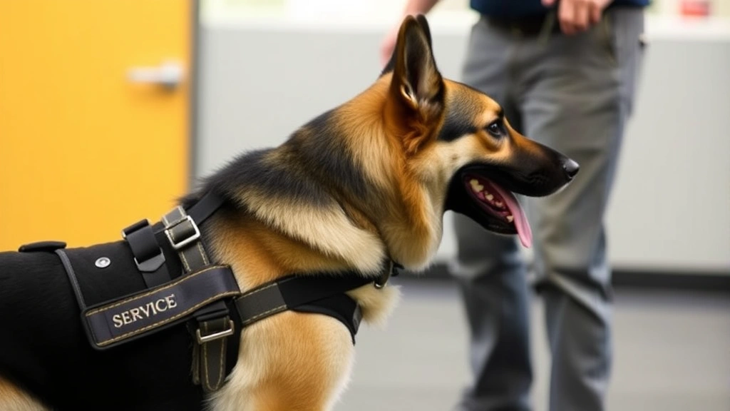 Service dog in harness performing task for handler, professional training environment, focused animal, real assistance scenar
