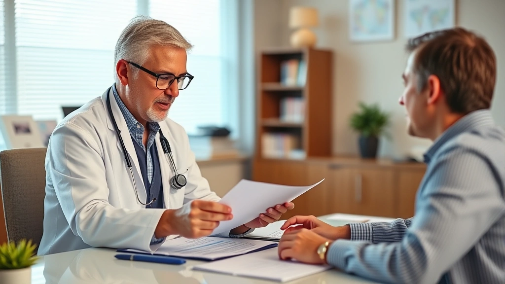 Healthcare provider in white coat reviewing medical documents at desk with patient, warm office lighting, professional consul