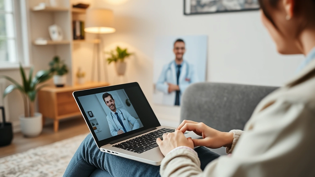 Person using laptop for telehealth video call with doctor, home office environment, relaxed and comfortable, modern technolog