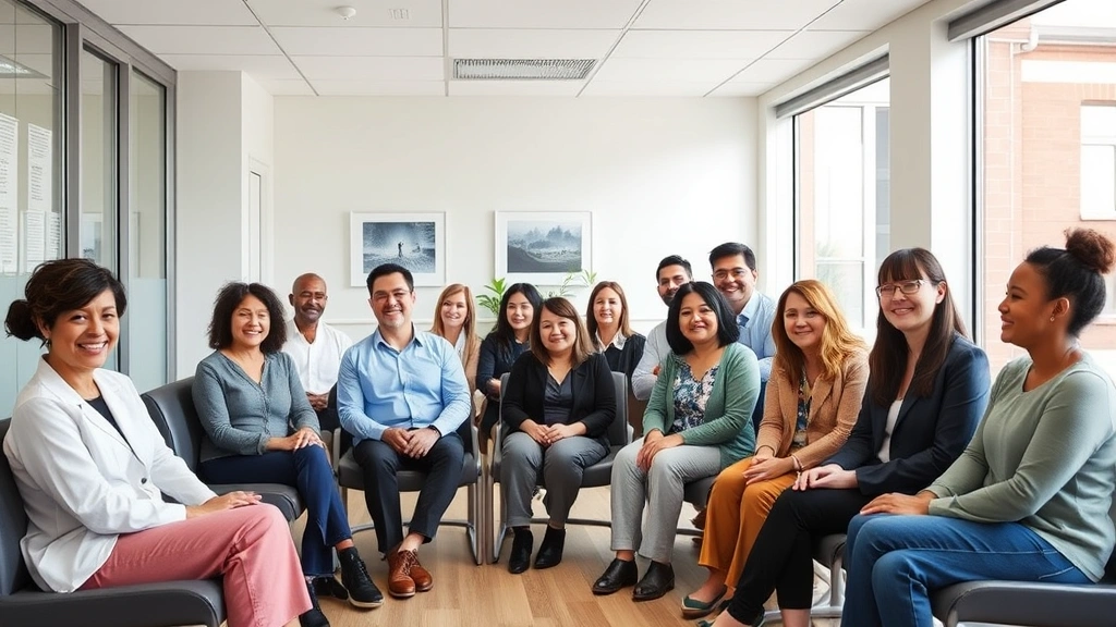 Diverse group of people in medical office waiting area, inclusive healthcare environment, welcoming clinic interior, natural