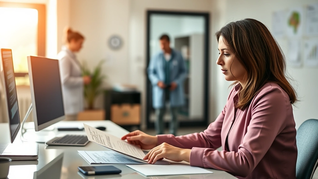 Professional woman at desk reviewing documents with healthcare provider consultation visible, warm office lighting, supportiv