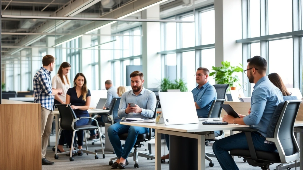 Diverse team members collaborating in modern office with accessibility features visible, ergonomic furniture and flexible wor